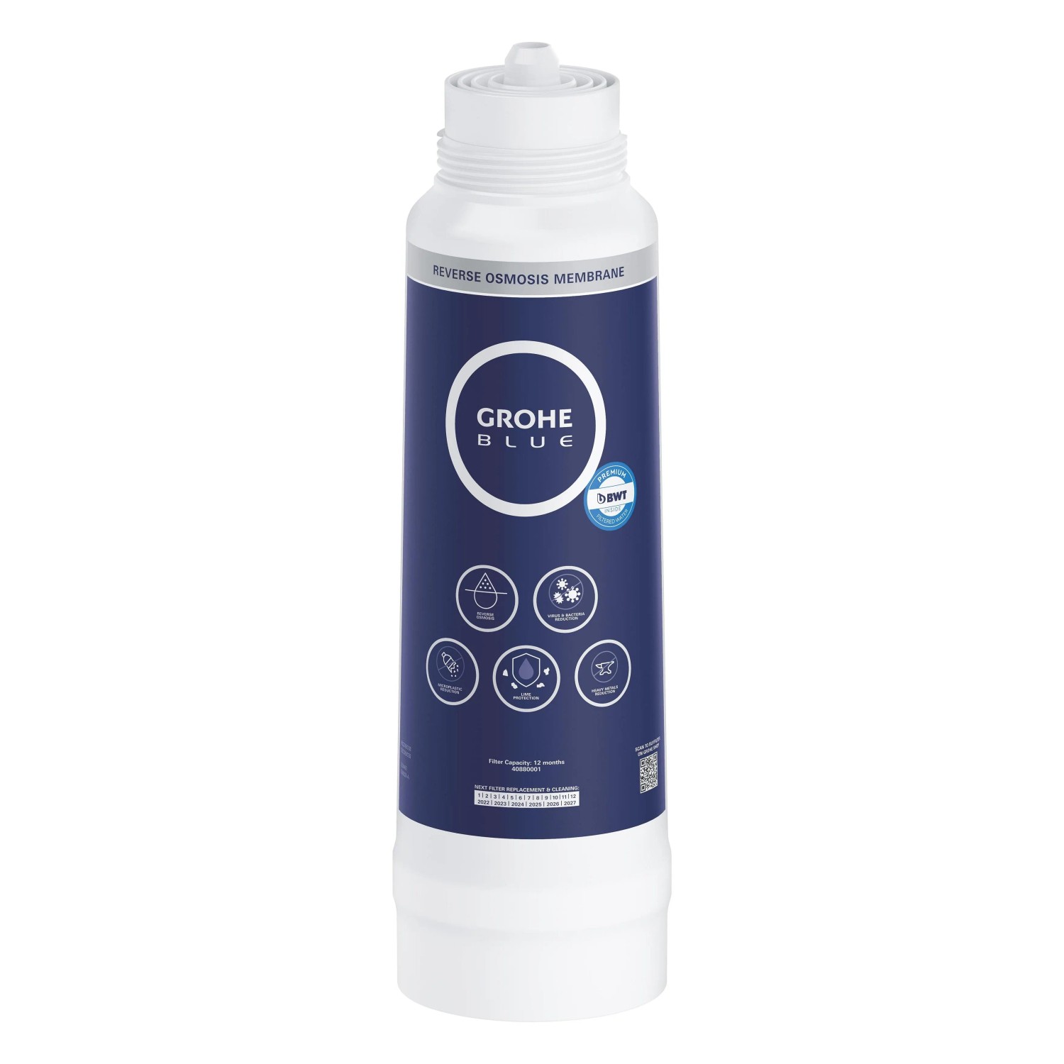Grohe Blue Umkehrosmose Filter, weiß-blauer Wasserfilter zur Entfernung von Verunreinigungen.
