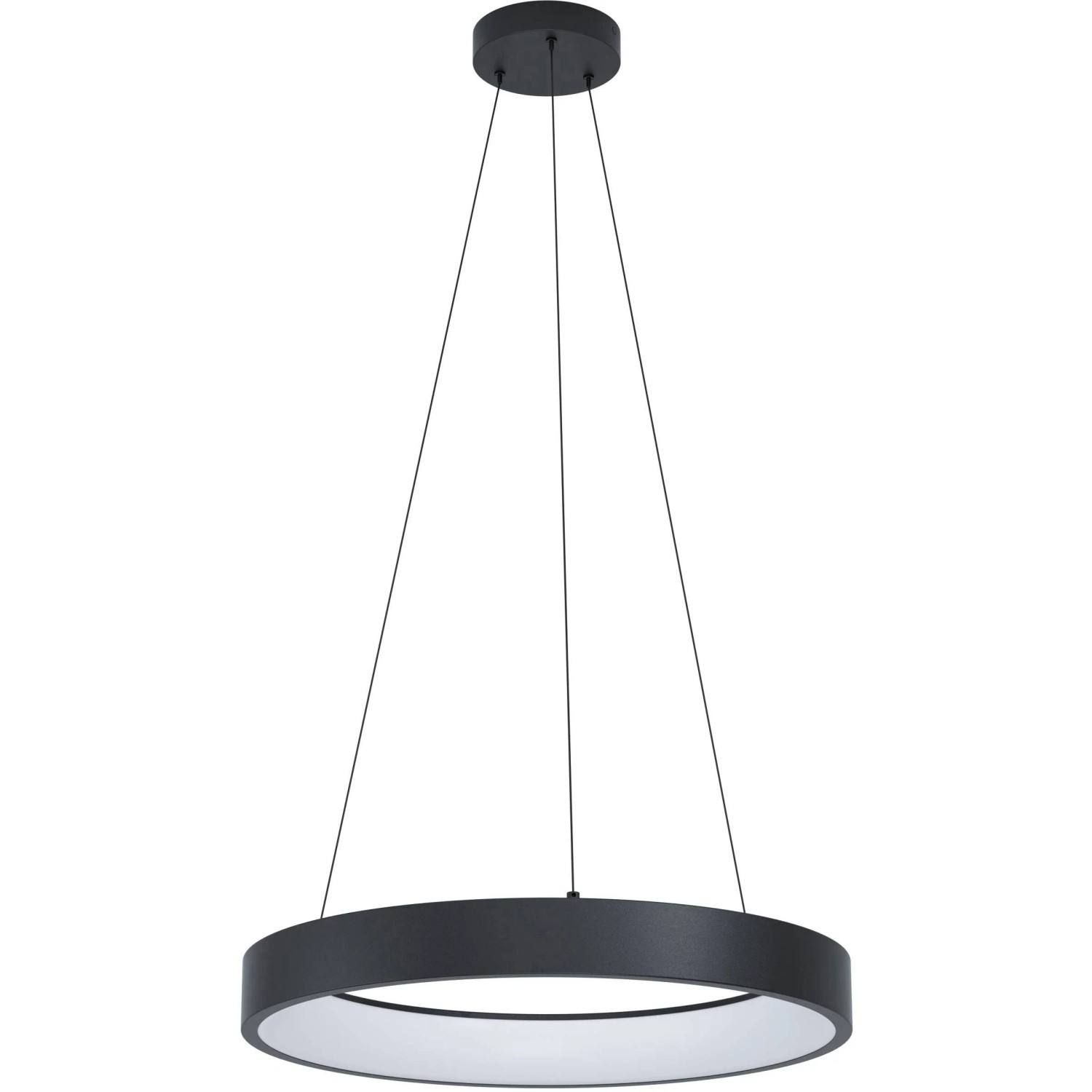 Moderne, schwarze LED-Hängeleuchte Marghera-Z von Eglo mit ringförmigem Design und weißem LED-Profil.