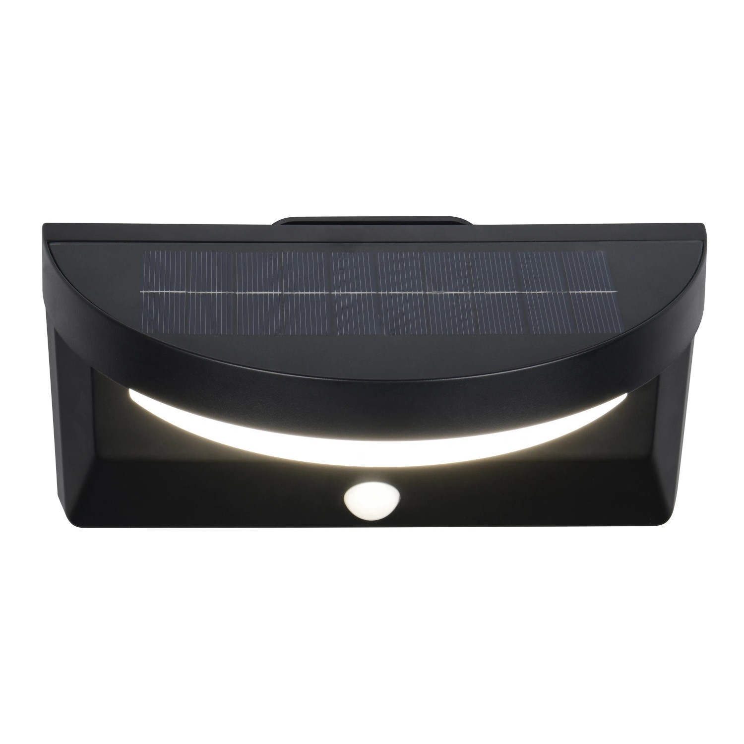 Schwarze, matte Reality LED Solar-Wandleuchte Moro mit Bewegungsmelder für den Außenbereich.