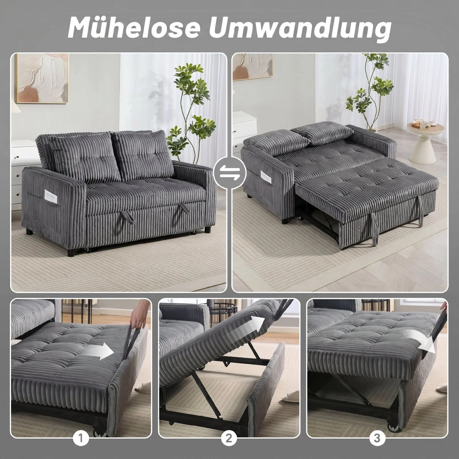 Dunkelgraues HOMCOM Schlafsofa aus Cordstoff, das sich von Sofa zu Bett verwandelt. Ausziehfunktion mit Kissen.
