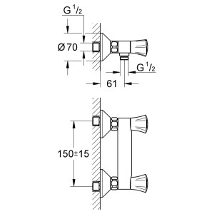 Technische Zeichnung der Grohe Costa Brausebatterie DN 15 mit Maßangaben.