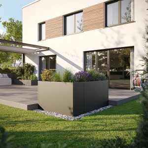 Anthrazit-graues KGT Aluminium-Hochbeet 130 mit Bepflanzung im Garten.