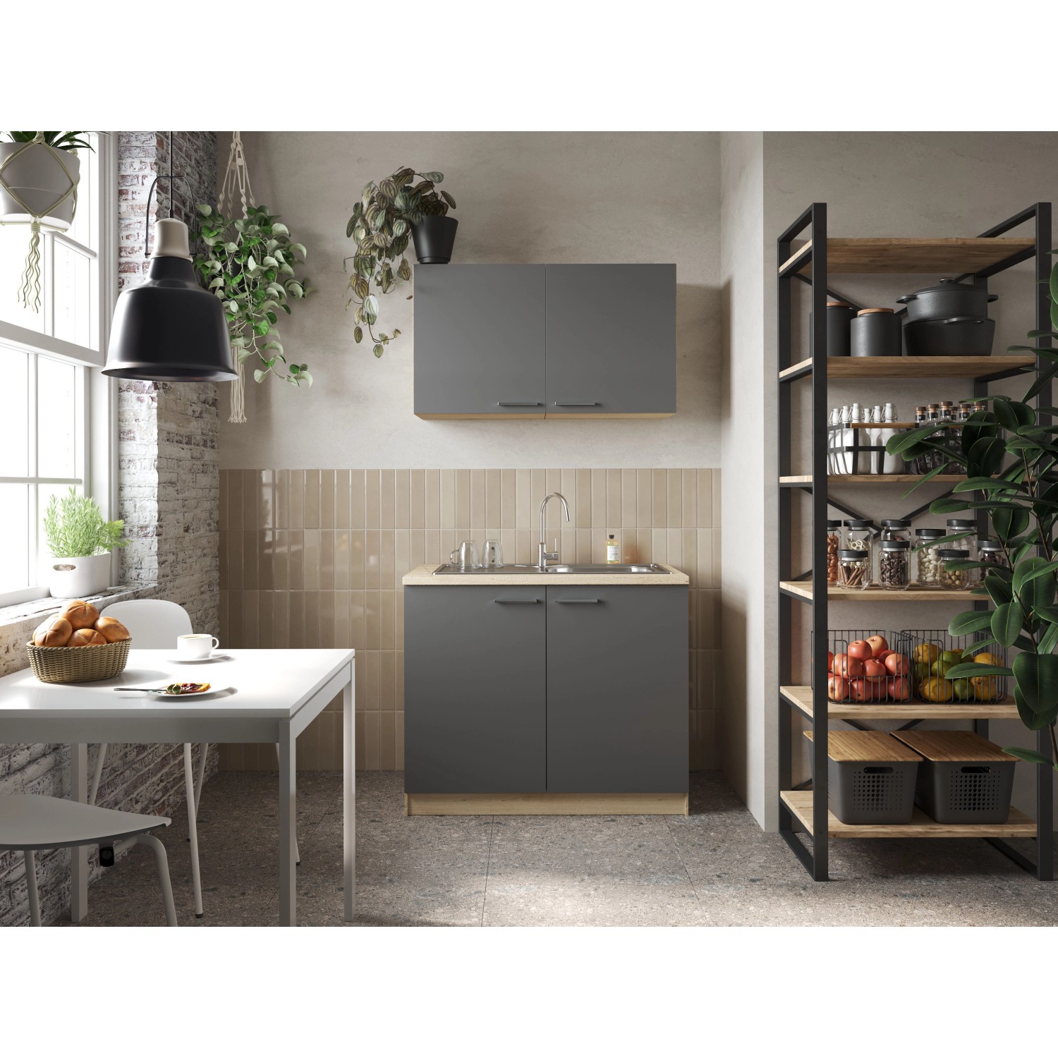 Respekta Küchenmöbel-Set Merle 100 cm Grau mit Spüle und Oberschränken.