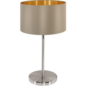 Moderne Tischleuchte Maserlo in Taupe-Gold mit Stoffschirm und Metallfuß. Design-Tischlampe für Wohnbereich.