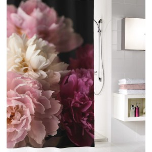 Kleine Wolke Duschvorhang Rosemarie Bordeaux mit elegantem Blumenmuster.