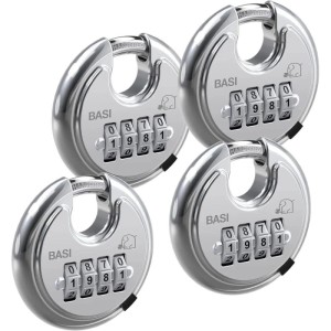 4er Set Basi Rundbügel Vorhangschlösser mit Zahlencode, Edelstahlgehäuse, Durchmesser 70 mm.