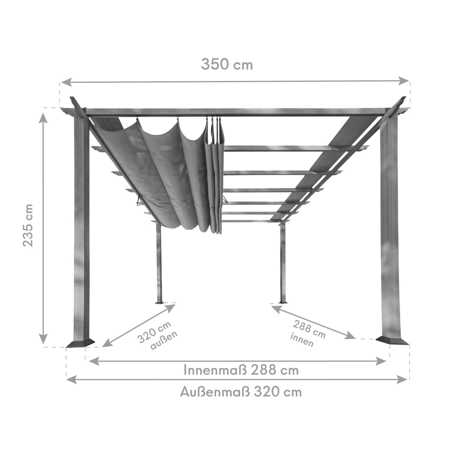 Skizze Pavillon Pergola Gazebo Florida Cocoa mit Maßen: 350x320x235 cm.