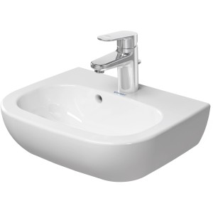 Weißes Duravit D-Code Handwaschbecken, 45 cm, mit Überlauf und Armatur.