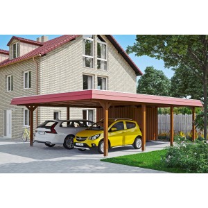 Skan Holz Doppelcarport Wendland Nussbaum mit Anbau und roter Blende, zwei Autos parken darunter.