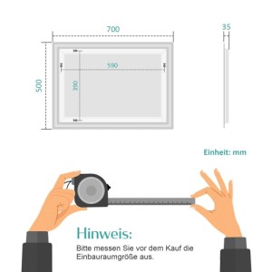 Maßzeichnung des Emke LED-Badspiegels 70x50 cm mit Front- und Seitenansicht, inklusive Messhinweis und Maßband.