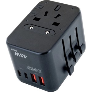 Schwarzer Schwaiger Reiseadapter mit EU/UK/US Steckern, 2x USB-C (45W) und 2x USB-A Anschlüssen. Kompakt für Reisen.