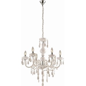 Eleganter, weißer Globo Kronleuchter CUIMBRA I mit Chrom-Akzenten und Acrylkristallen für stilvolle Beleuchtung.