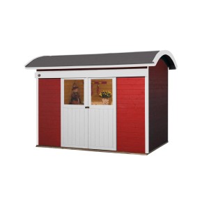 Rotes Weka Holz-Gartenhaus mit Tonnendach, 295x241 cm. Lasiertes Gartenhaus mit Doppeltür.