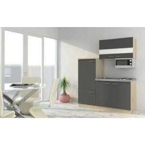 Respekta Miniküche KB160ESGMI in Grau-Eiche Sonoma mit Mikrowelle und Kühlschrank.