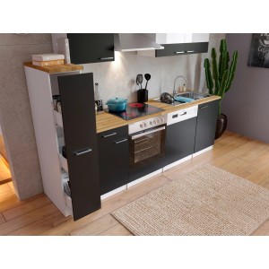 Respekta Küchenzeile KB250WSC in Schwarz-Weiß mit E-Geräten und Nussbaum Arbeitsplatte.