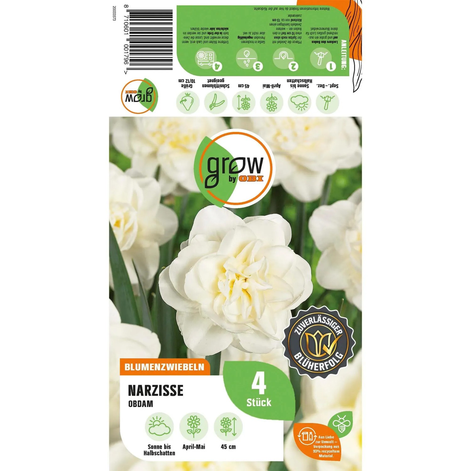 GROW by OBI Narzissen 'Obdam', gefüllte, weiße Blüten, 4 Stück. Blumenzwiebeln für Beet und Garten.