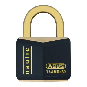 Abus Messing-Vorhangschloss T84MB/30 mit blauem Gehäuse und goldenem Bügel.