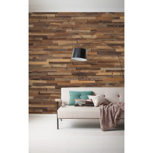 Komar Fototapete Vlies Chalet, 300x250 cm, mit Holzpaneel-Optik im Wohnraum.