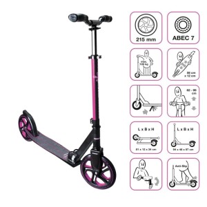 Pink-schwarzer Muuwmi Aluminium Scooter Pro Tretroller mit 215mm Rollen, höhenverstellbar und Klappmechanismus.
