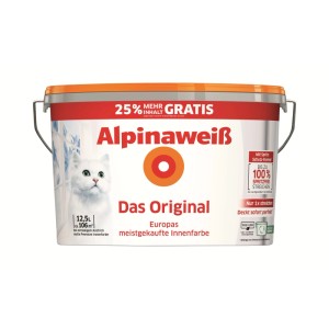 Alpinaweiß Wandfarbe Das Original, weiß matt, 12,5l Eimer. Spritzfreie Dispersionsfarbe für Innen, hohe Deckkraft.