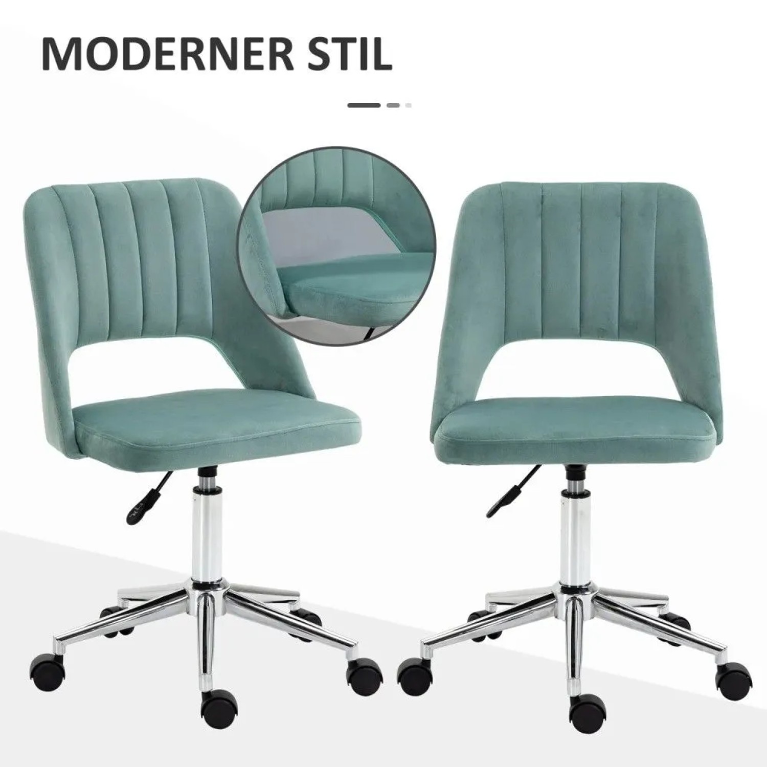 Grüner Vinsetto Bürostuhl mit Samtoptik, ergonomischem Design, verstellbarer Höhe und Rollen. Moderner Stil.