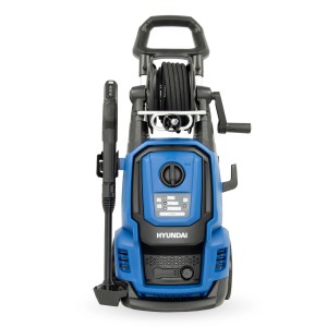 Blauer Hyundai Hochdruckreiniger HPW2400CRE mit Schlauchtrommel und Pistole.