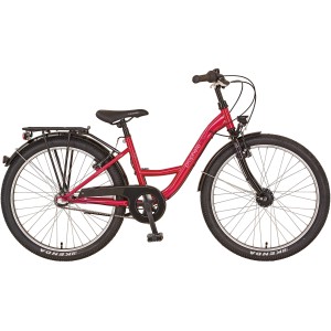 Himbeerfarbenes Prophete Kinderfahrrad Mädchen 24 Zoll mit 3-Gang Nabenschaltung und Gepäckträger.