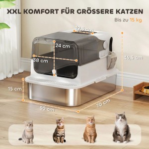 Weiße PawHut XXL Katzentoilette aus Edelstahl & Kunststoff, dualer Einstieg, 70x50x46,5 cm, für große Katzen.