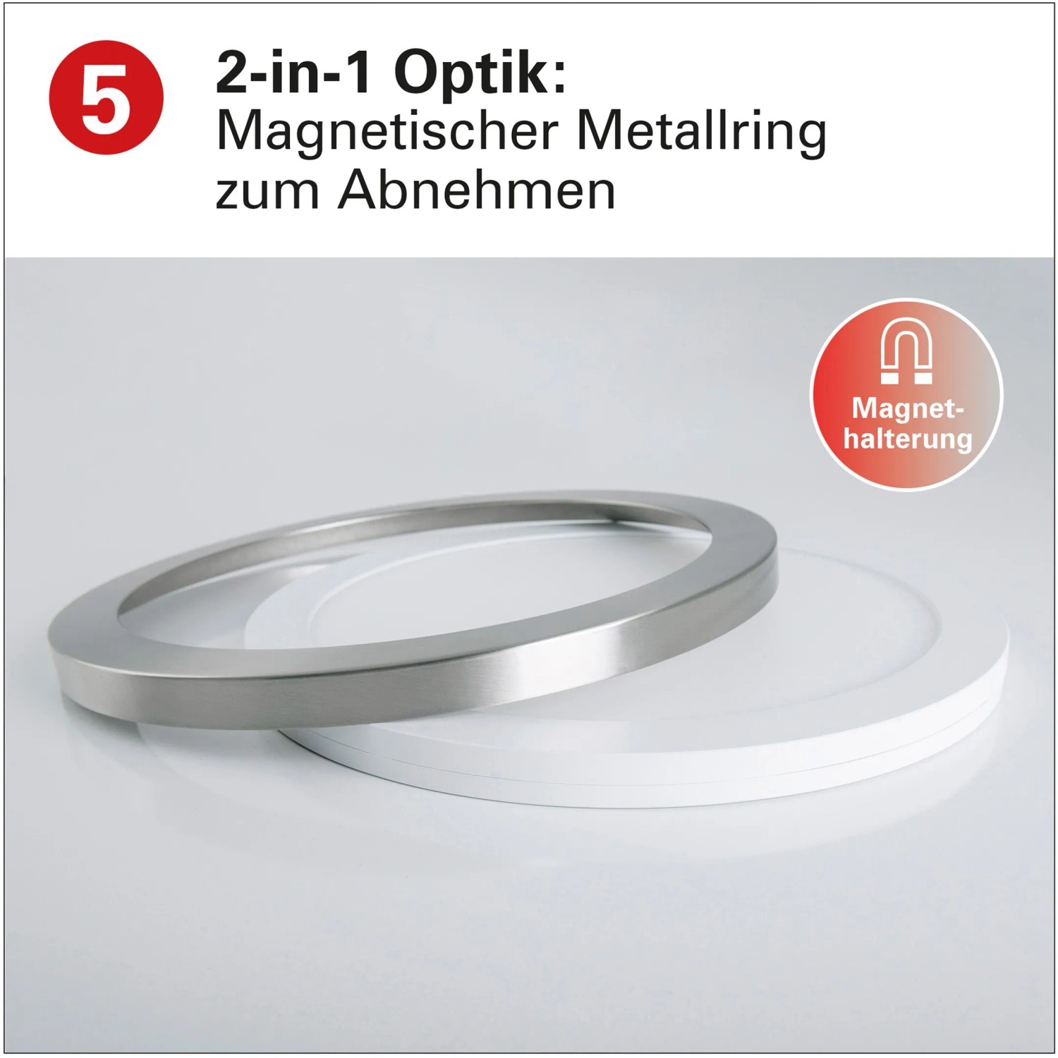 Näve LED-Deckenleuchte Bonus (22,5 cm) mit abnehmbarem, magnetischem Metallring.