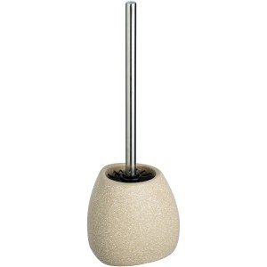 Beige WC-Bürstengarnitur Pion aus Keramik mit Silikonbürste und Edelstahlgriff.