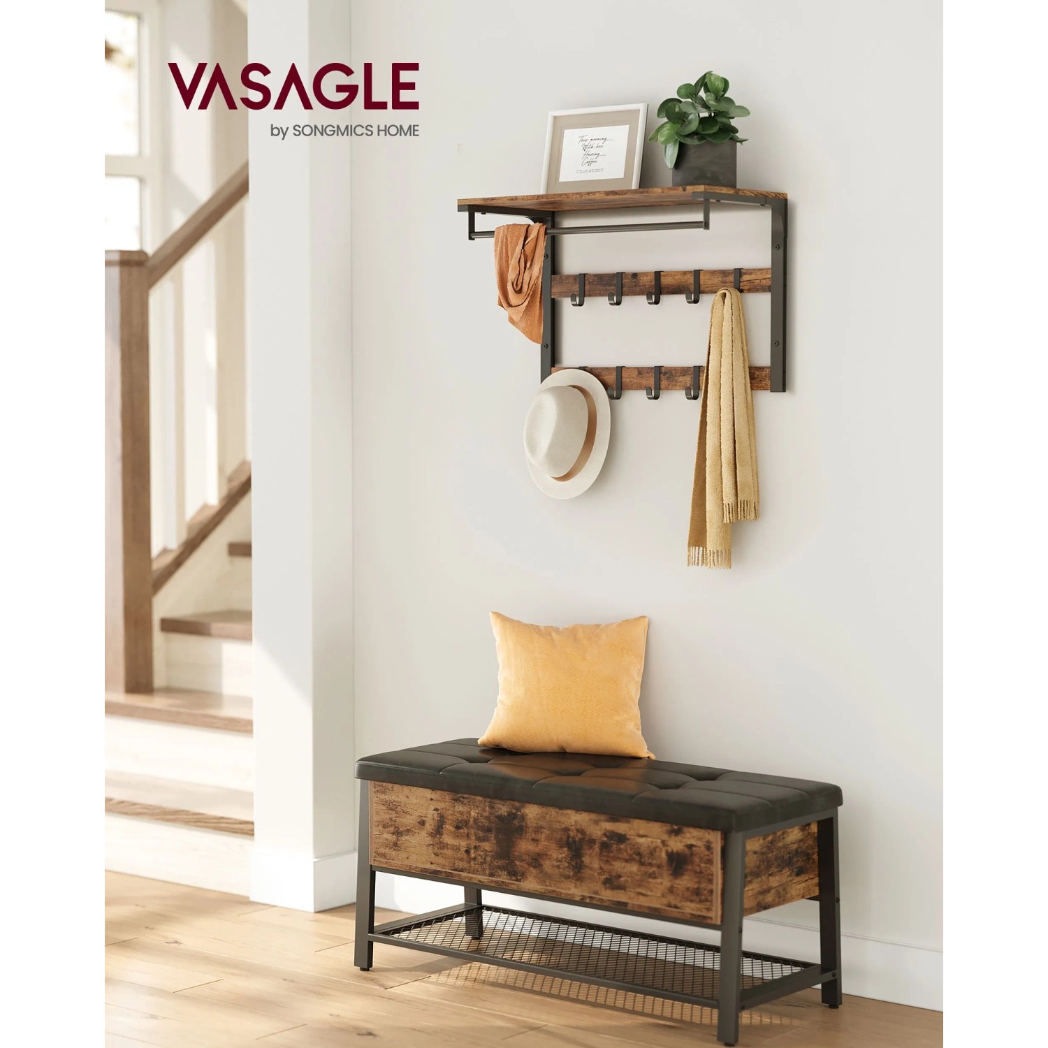 Songmics Wandgarderobe Barnet-old mit Ablage, 10 Haken, braun-schwarz. Garderoben Set mit Bank und Kissen.