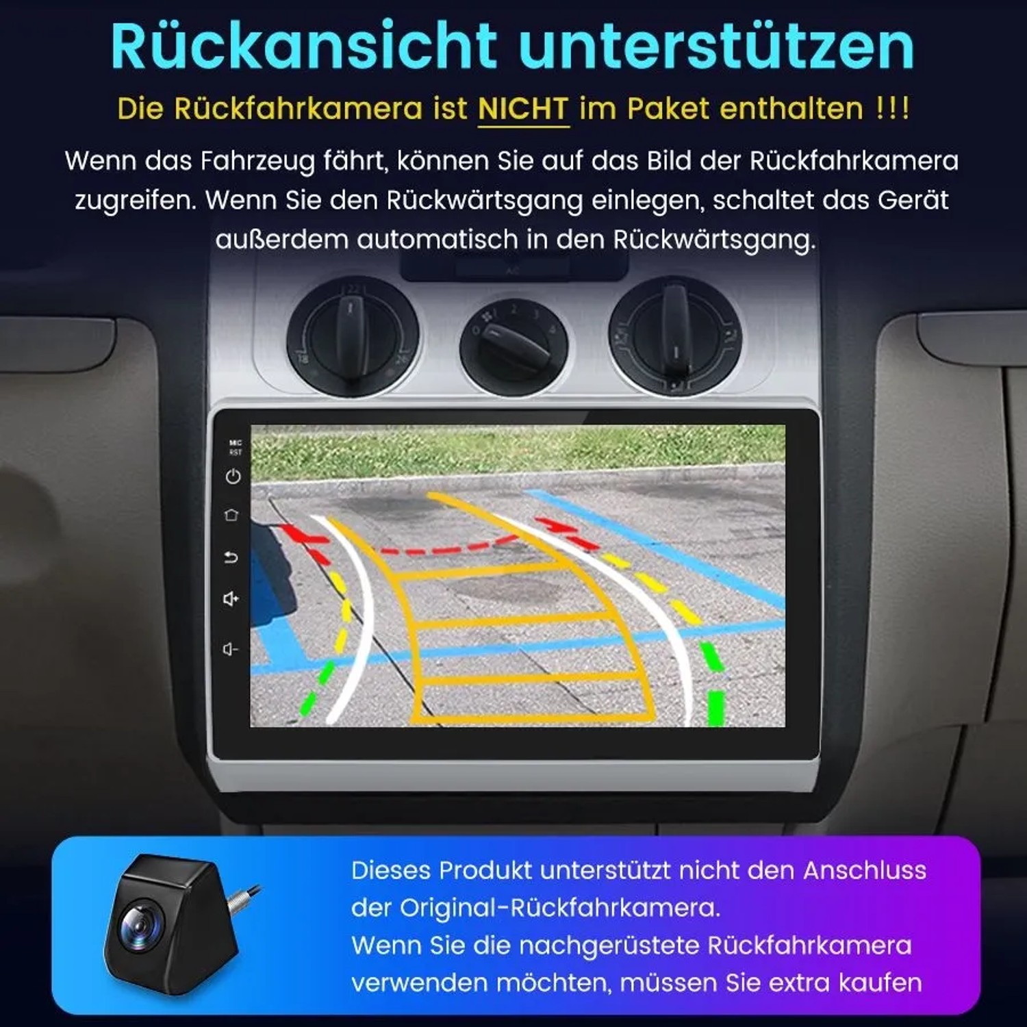 Junsun Autoradio Display im VW Touran zeigt Rückfahrkamera-Ansicht mit Parklinien. Externe Kamera als Zubehör.