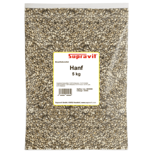 Supravit Hanf Wildvogelfutter 5 kg in transparenter Tüte, reich an Omega-3-Säuren für Vögel.