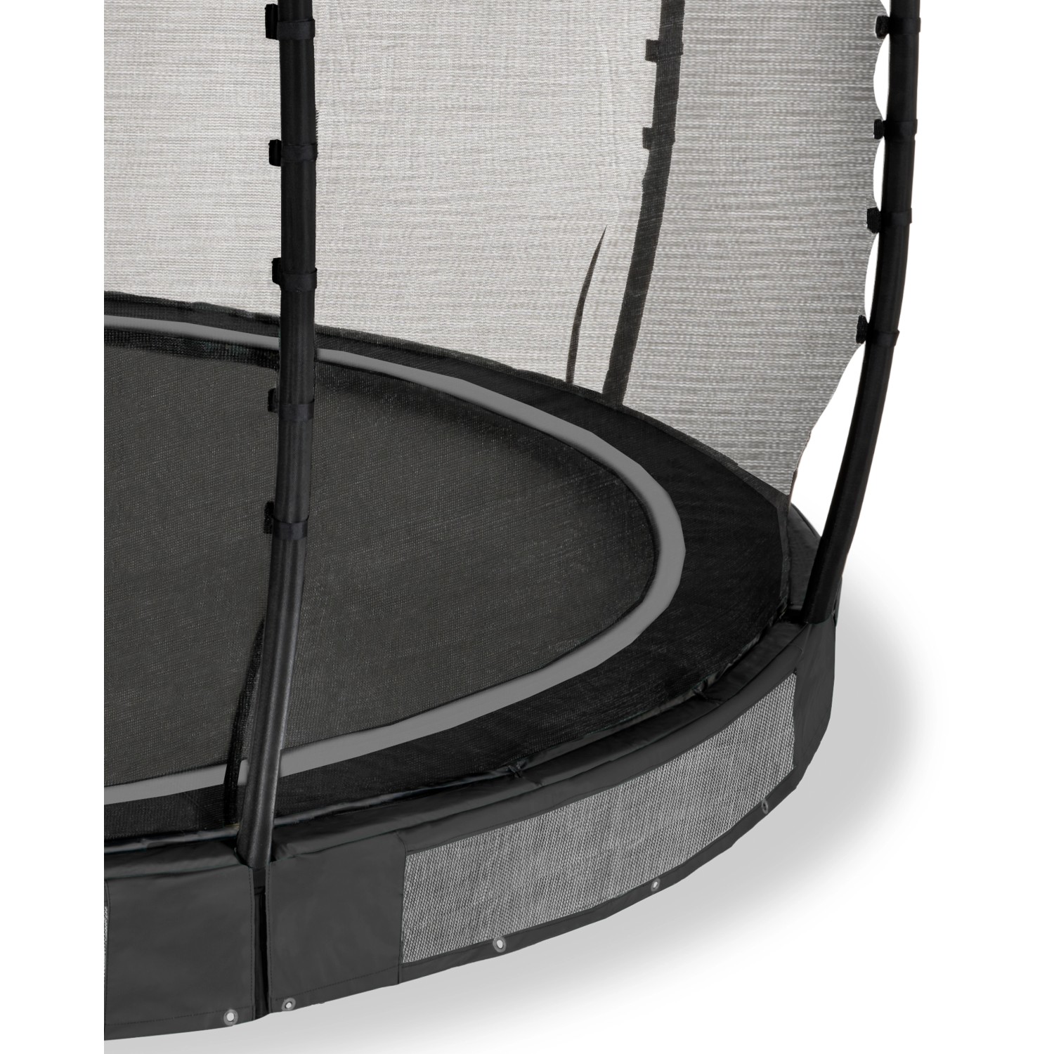 Detailaufnahme: Schwarzes EXIT Allure Classic Bodentrampolin Ø 366 cm mit Sicherheitsnetz.