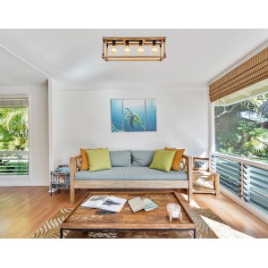 Schwarze Globo Deckenleuchte Vernon, 4-flammig, mit Holz- und Hanfseil-Details im Wohnzimmer.