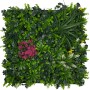 Jangal Wandpaneel Modular Wall Botanic Garden, 52x52 cm, mit dichtem Grün, roten, gelben und weißen Kunstblüten.