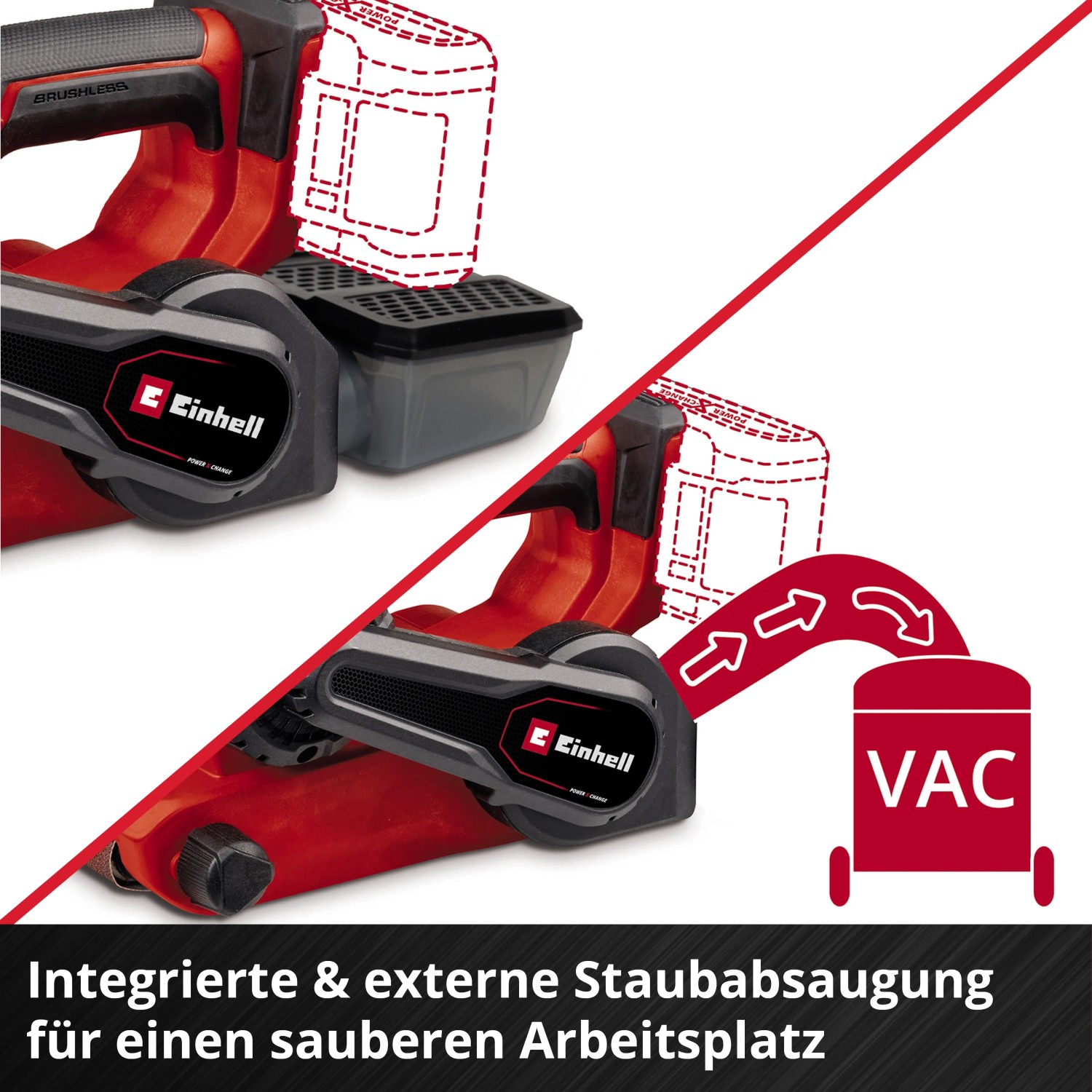 Einhell Akku-Bandschleifer TP-BS 18/457 Li BL mit Staubabsaugung und Staubfangbox.