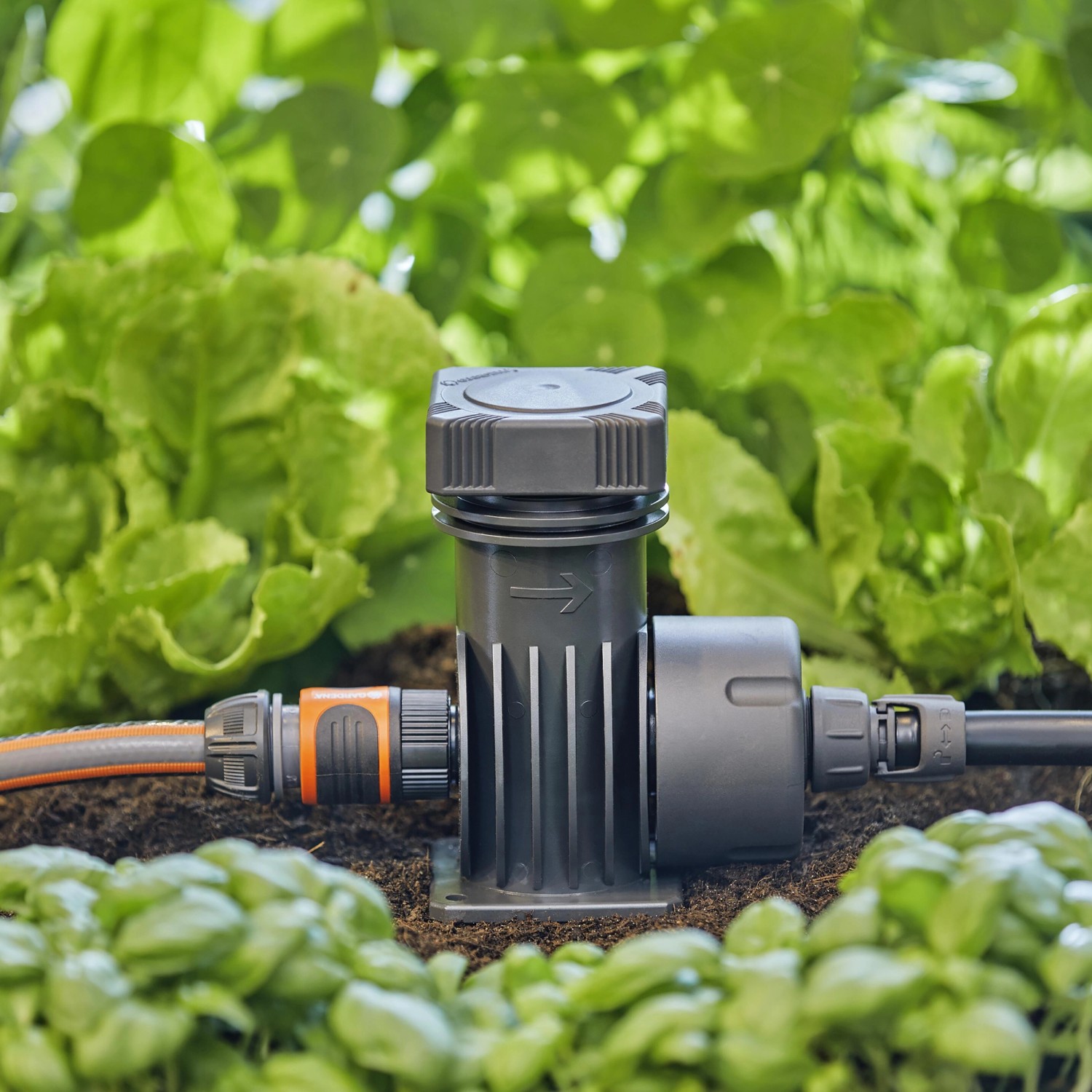 Gardena Basisgerät 2000, Startbaustein für Micro-Drip-System, mit Schlauchanschluss im Beet.