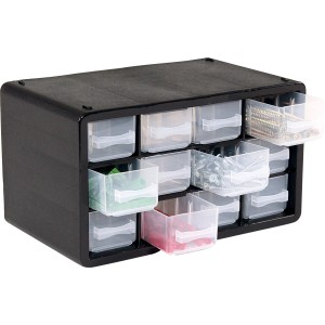Schwarzer LUX-TOOLS Sortierkasten mit 12 transparenten Schubladen für Kleinteile.