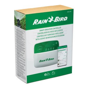 Rain Bird Steuergerät 6 Zonen WiFi, weiß-grüne Verpackung. Intelligente Bewässerungssteuerung per App.