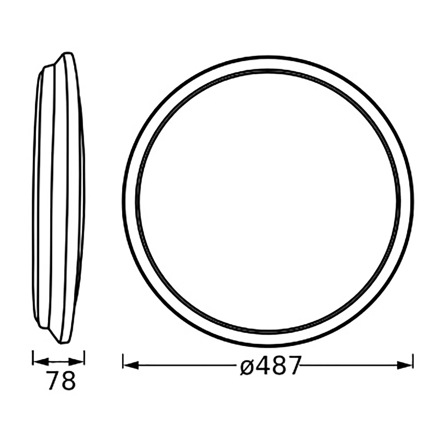 Technische Zeichnung der runden Ledvance LED-Deckenleuchte Orbis Dublin, Durchmesser 48,7 cm.