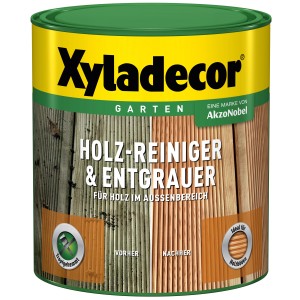 Dose Xyladecor Holz-Reiniger & Entgrauer 2,5L für Gartenholz, zeigt Vorher-Nachher-Effekt.