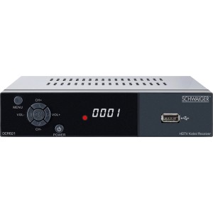 Schwaiger Receiver DVB-C Full HD 1080p FTA für Kabelanschluss, graues Gehäuse mit Display und USB-Anschluss.