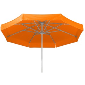 Orangefarbener Schneider Marktschirm Jumbo, Ø 400 cm, mit Seilzugmechanik.