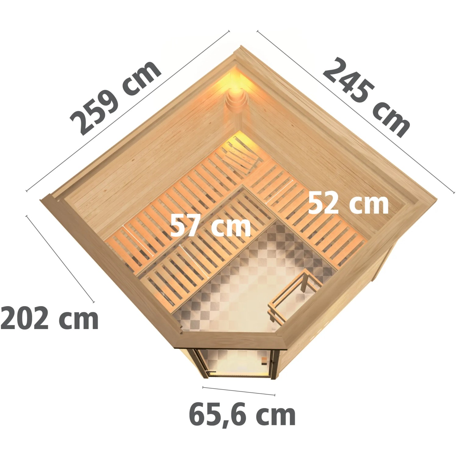 Karibu Sauna Leona mit LED-Dachkranz, Bio-Ofen und Maßen. Massivholzsauna für entspannte Stunden.