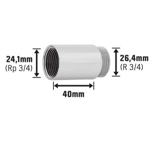 Verchromte Hahnverlängerung aus Messing, 40 mm, mit Gewinde 24,1 mm und 26,4 mm.