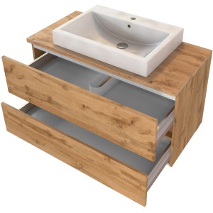 Held Möbel Waschtisch Ferrara 100 cm in Wotaneiche mit Aufsatzbecken und zwei Schubladen.