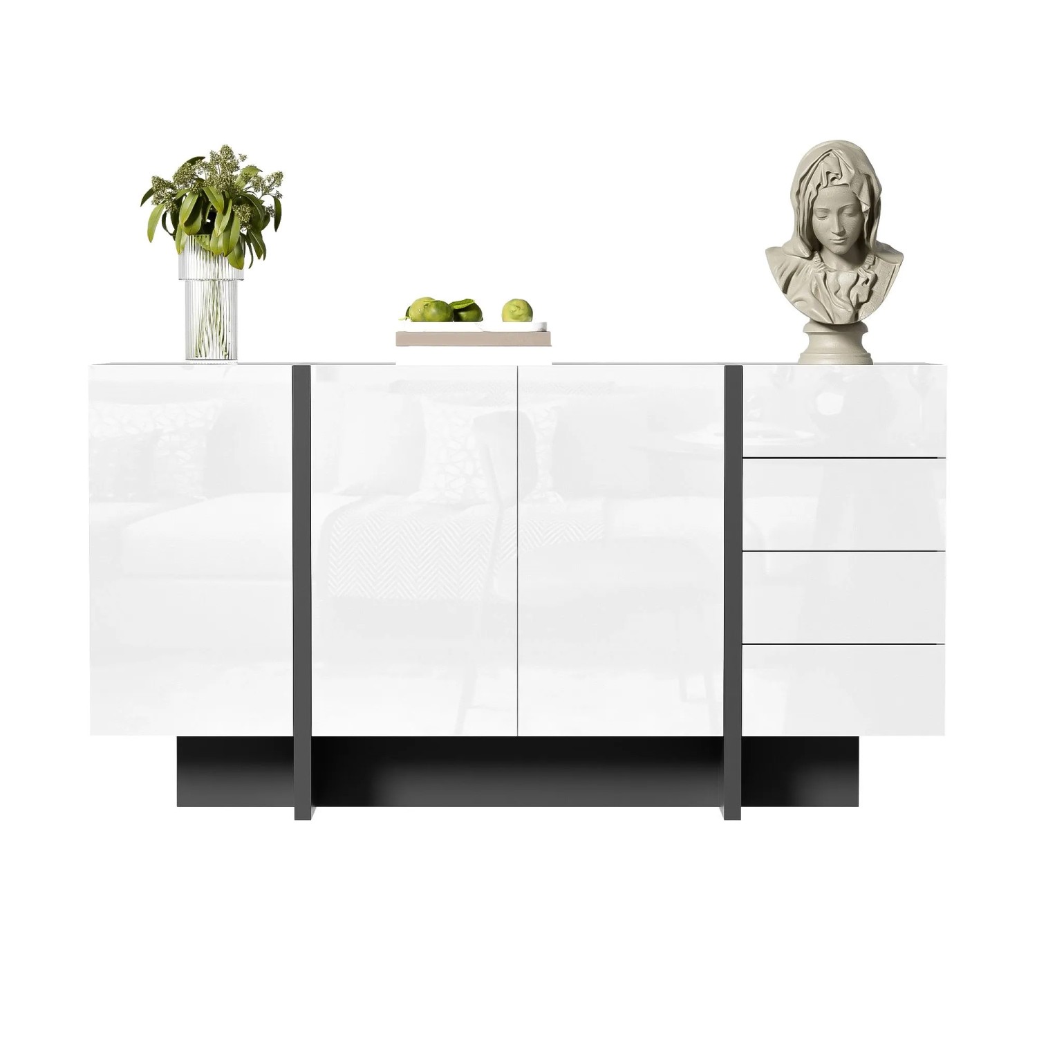 okwish Sideboard mit 2 Türen 4 Schubladen Wohnzimmer Esszimmer 150x40x80cm Weiß_9