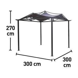 Anthrazitfarbener Stahl-Pavillon Artesia, 300x300 cm, mit Maßangaben. Ideal für Garten und Terrasse.