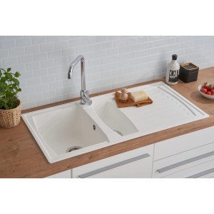 Respekta Mineralite Einbauspüle Boston, 100x50 cm, Weiß. Spüle mit Abtropffläche für moderne Küchen.